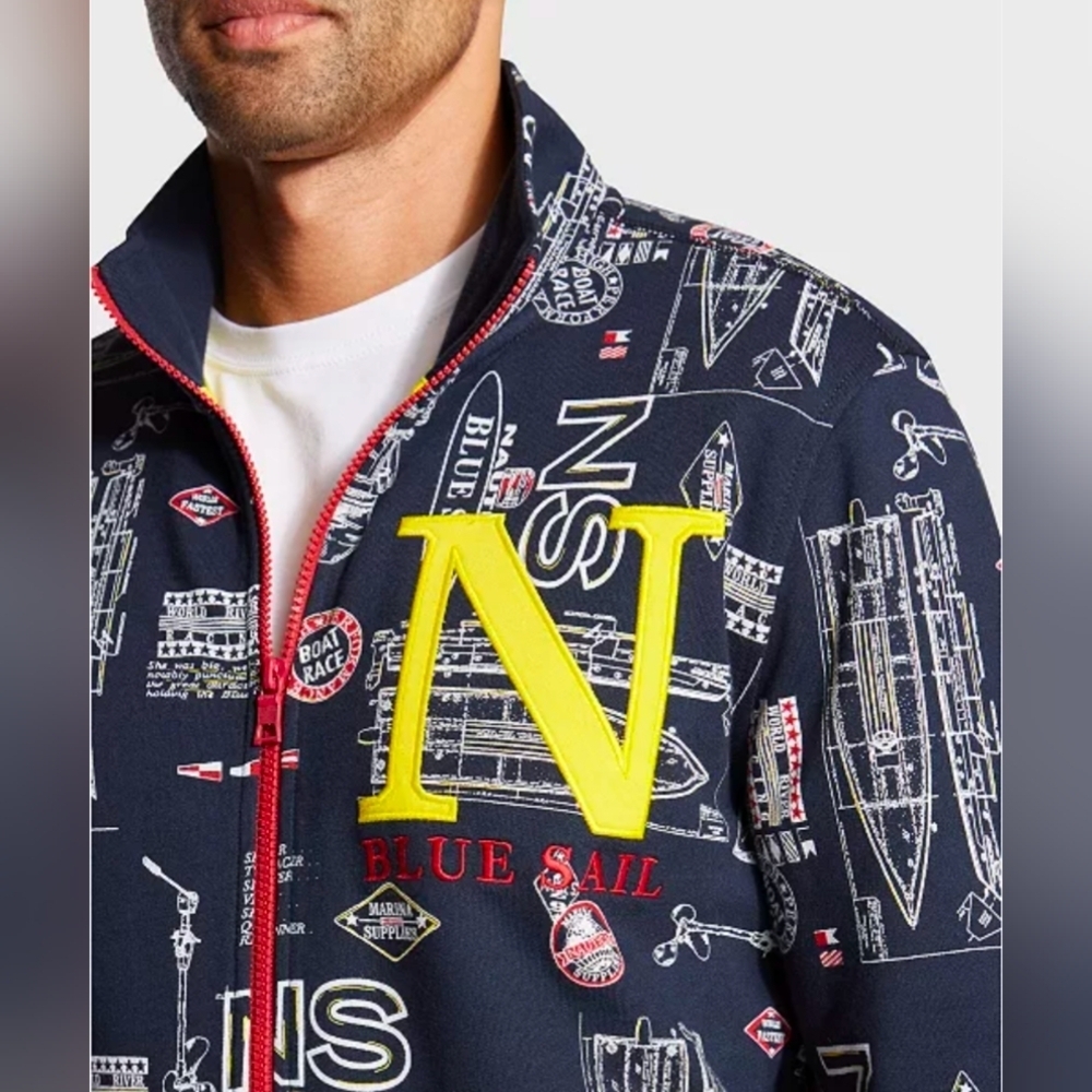 Nautica Blue Sail Full Zip Jacket Size Large All Over Print & Elbow Patches
